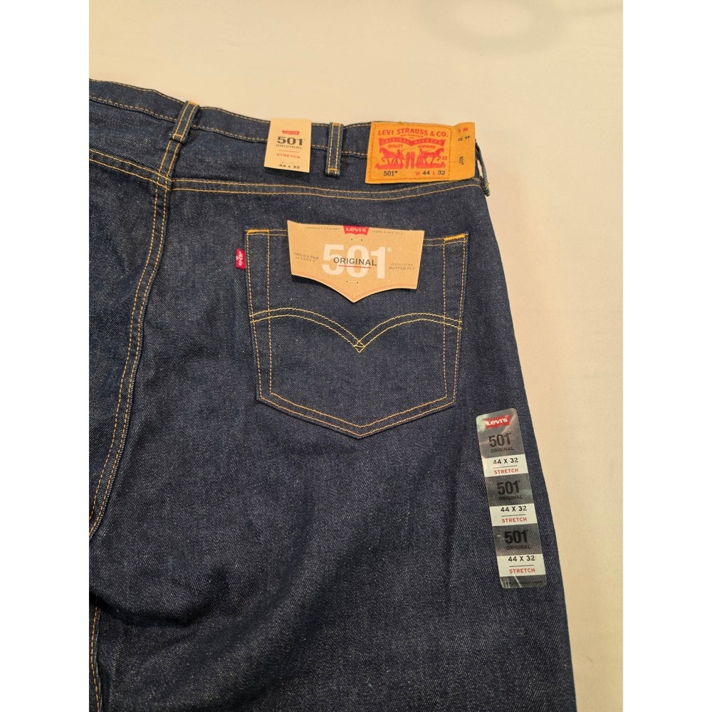 Levis 501 Original Fit Stretch Jeans Mens 44x32 Dark Indigo Blue Button Fly NEW - Picture 4 of 7